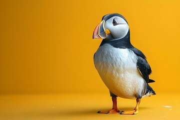 Solo Puffin Portrait on Vibrant Yellow. Concept Bird Photography, Solo Portrait, Vibrant Yellow Background, Puffin Characteristics