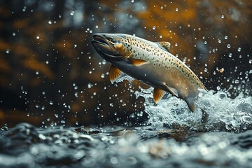 Wall Mural - Graceful Leap of a Salmon in Nature's Symphony. Concept Salmon Migration, Aquatic Ecosystem, Wildlife Conservation, River Habitat, Nature's Rhythm