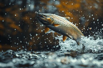 Sticker - Graceful Leap of a Salmon in Nature's Symphony. Concept Salmon Migration, Aquatic Ecosystem, Wildlife Conservation, River Habitat, Nature's Rhythm