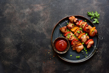 Wall Mural - Grilled chicken kebab. Top view with copy space.