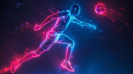 Wall Mural - Volleyball player leaping for a spike, illuminated in neon on a black canvas