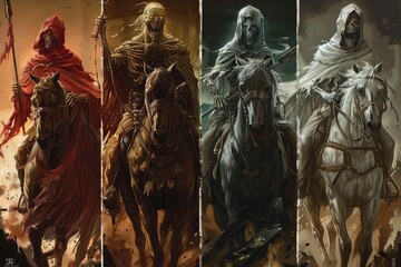 Harbingers of doom: 4 horsemen of the apocalypse - ominous imagery and symbolic significance of legendary riders ushering in end times. representing conquest, war, famine, death in apocalyptic lore.