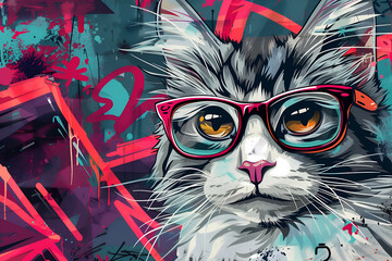 Cat painted on a graffiti wall
