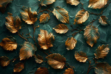 Wall Mural - Golden floral pattern with green background 