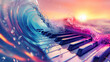 A clean, vivid banner with a photorealistic close-up of a piano keyboard that transitions into a colorful, fantasy ocean wave, crested with musical notes, offering ample copy space