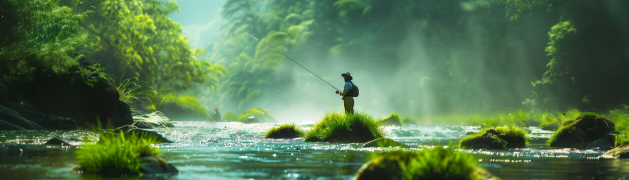 A man fly fishing in a beautiful river.