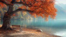 Tree With Orange Leaves Stands By The Lake, And There Is An Old Wooden Bench Under It