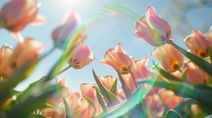 Wall Mural - Vibrant Tulips Bathing in Sunlight Against Clear Blue Sky