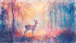Painting from colored pencils, abstract background of deer in the middle of the forest.