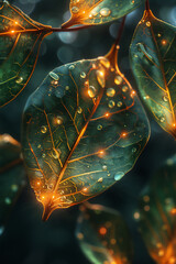 Poster - green leaves with dew droplets and golden lights line in close up 