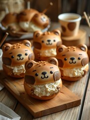 Wall Mural - Four teddy bear shaped pastries with cream filling on a wooden table. The pastries are arranged in a row and are placed on a wooden board