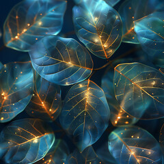 Wall Mural - Blue Transparent leaves with golden lights in close up 