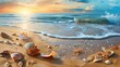 Landscape with shells on tropical beach. Waves approaching sea shells lying on sand during sunset.