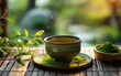 Japanese macha tea in a old ceramic cup neutral colors, minimalist and elegant image, zen japanese garden on background