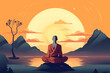 Calm meditation scene of a young monk is meditating while sitting sunset illustration flat design. wellness soul concept.