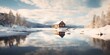 AI Generated. AI Generative. Snow ice frozen vacation adventure landscape background with lake cabin forest. Graphic Art