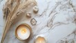 A minimalist top-view flat lay arrangement featuring a sleek marble background with golden edging, 