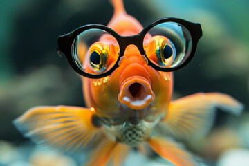 Wall Mural - A fish with glasses on its face is making a funny face. The fish is wearing glasses and has an open mouth, which makes it look silly. shocked fish with glasses on background