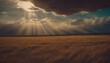 AI generated illustration of sunset with the sun breaking through clouds over the field