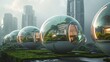 A futuristic landscape of eco-pods among city skyscrapers, envisioning a green and sustainable urban ecosystem.