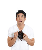 Fototapeta Do pokoju - Sad desperate man with an empty wallet isolated on white background 