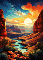 Sticker - AI generated illustration of a stunning sunset painting showcasing the majestic Grand Canyon