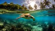 AI generated illustration of a turtle swimming near trees and water, with sun shining