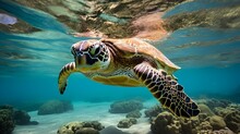 AI Generated Illustration Of A Green Sea Turtle Swimming In Shallow Waters