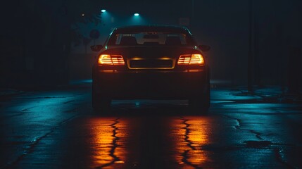 Wall Mural - Headlights from cars shining in the dark rearview