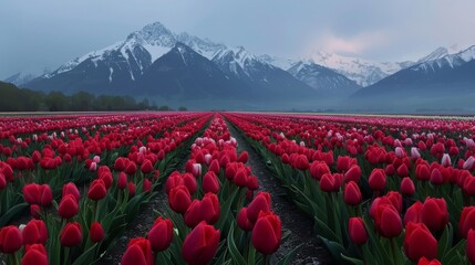 Wall Mural - Majestic Mountain View Over Vibrant Tulip Fields at Dawn