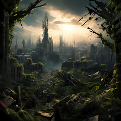 Wall Mural - Apocalyptic cityscape with overgrown vegetation. 