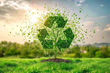 Sticker - green ecologic sign in the grass against a bright background