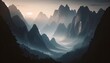AI-generated illustration of a majestic fog-covered mountain range in the glow of sunset