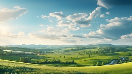 Sticker - view of a field with trees and mountains near it and the sun shining through a