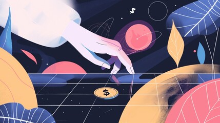 Wall Mural - Concept of green investing, featuring a human hand and a coin that appears to be floating in an abstract, ethereal space, symbolizing sustainable financial growth.