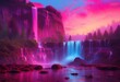 pink waterfall and trees in the background of purple sky with lights