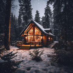 Wall Mural - Cozy winter cabin in a snowy pine forest. 