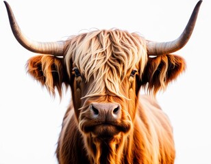 a very big furry cow with long horns by itself and white sky background