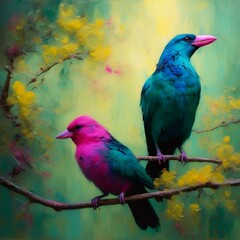 Wall Mural - two colorful birds sit on a tree branch and stare at something