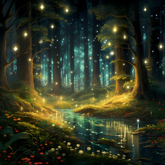 Wall Mural - Enchanting forest with glowing fireflies.