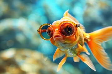 A fish wearing glasses and looking sad. The fish is orange and is swimming in a blue ocean. Funny fish wearing sunglasses with a colorful and bright background