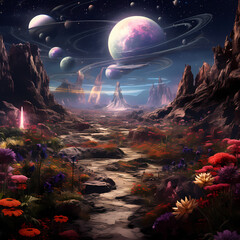 Canvas Print - Extraterrestrial flower garden in outer space.