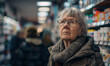 Senior woman stands in a pharmacy, her wrinkled hands clutching a prescription for much-needed medication, financial strain of rising healthcare costs on her limited budget