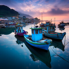 Wall Mural - Fishing village at dawn with colorful boats.