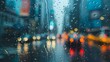 AI generated illustration of raindrops on windowpane with urban skyline in background