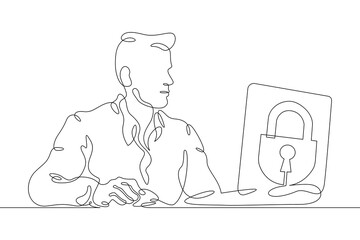 Wall Mural - One continuous line.web privacy policy. A man in front of a laptop screen. Lock on the monitor screen. Protection of private information and data.One continuous line drawn isolated, white background.