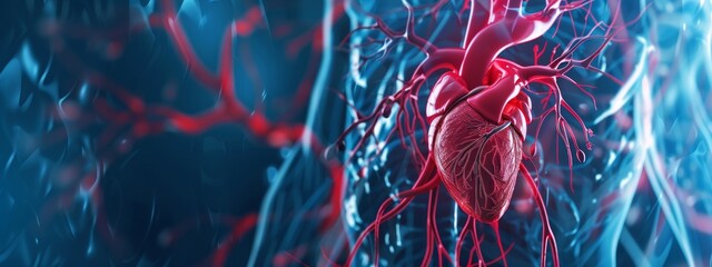 A background depicting the human circulatory system with arteries, veins, and a beating heart in a transparent view. (Consider specifying other systems like nervous or respiratory)