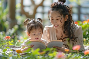 Wall Mural - In a blooming greenhouse, a lovely Japanese mother and daughter read a book, embracing the joy of learning.