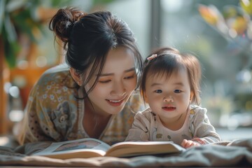 Sticker - A kind Chinese mother reads an alluring storybook to her adorable baby, creating a cozy and magical routine.