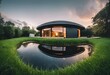 AI generated illustration of circular house on grassy hill near water and grass